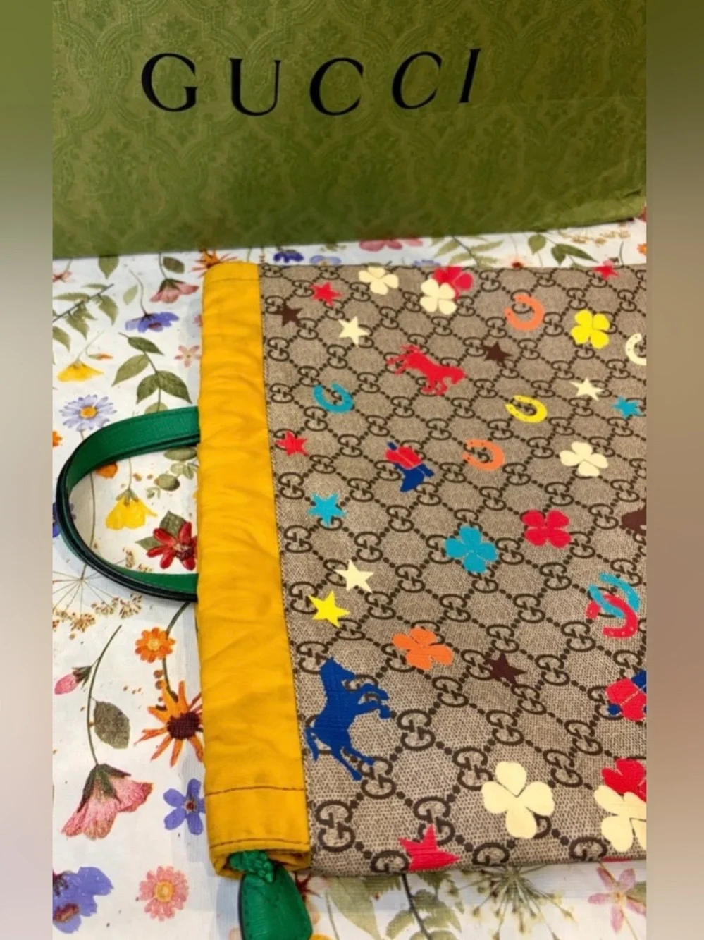 EUC! GUCCI Kids Beige GG Canvas Backpack with Yellow Trim & Multicolor Icons🐴⭐️